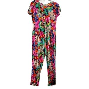 VTG New Aura Women Small Tropical Floral Short Sleeve Jumpsuit Resortwear